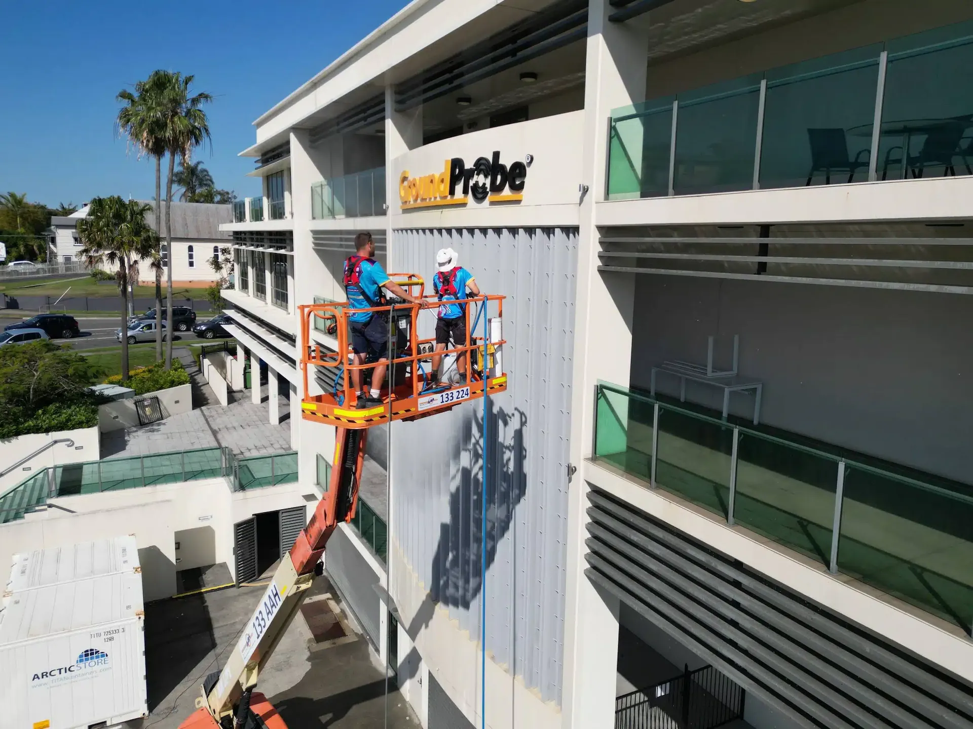 kg-window-cleaning-3 Kleen Genie technicians using height-access machines to clean commercial property external windows